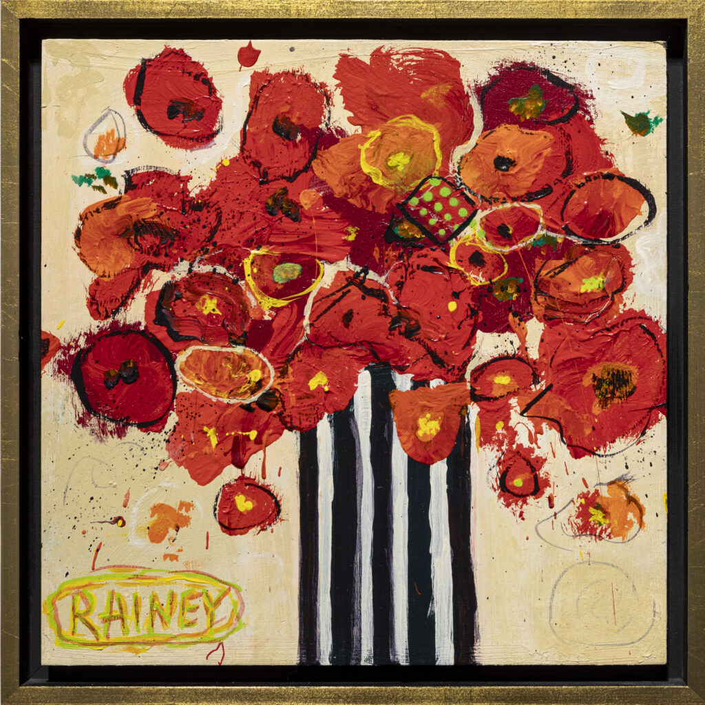 image of Red Flowers in a Striped Vase